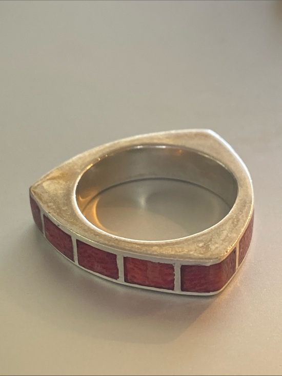 Vintage Other - Red turquoise Vintage geometric Silver Ring with Red Accents stamped 925